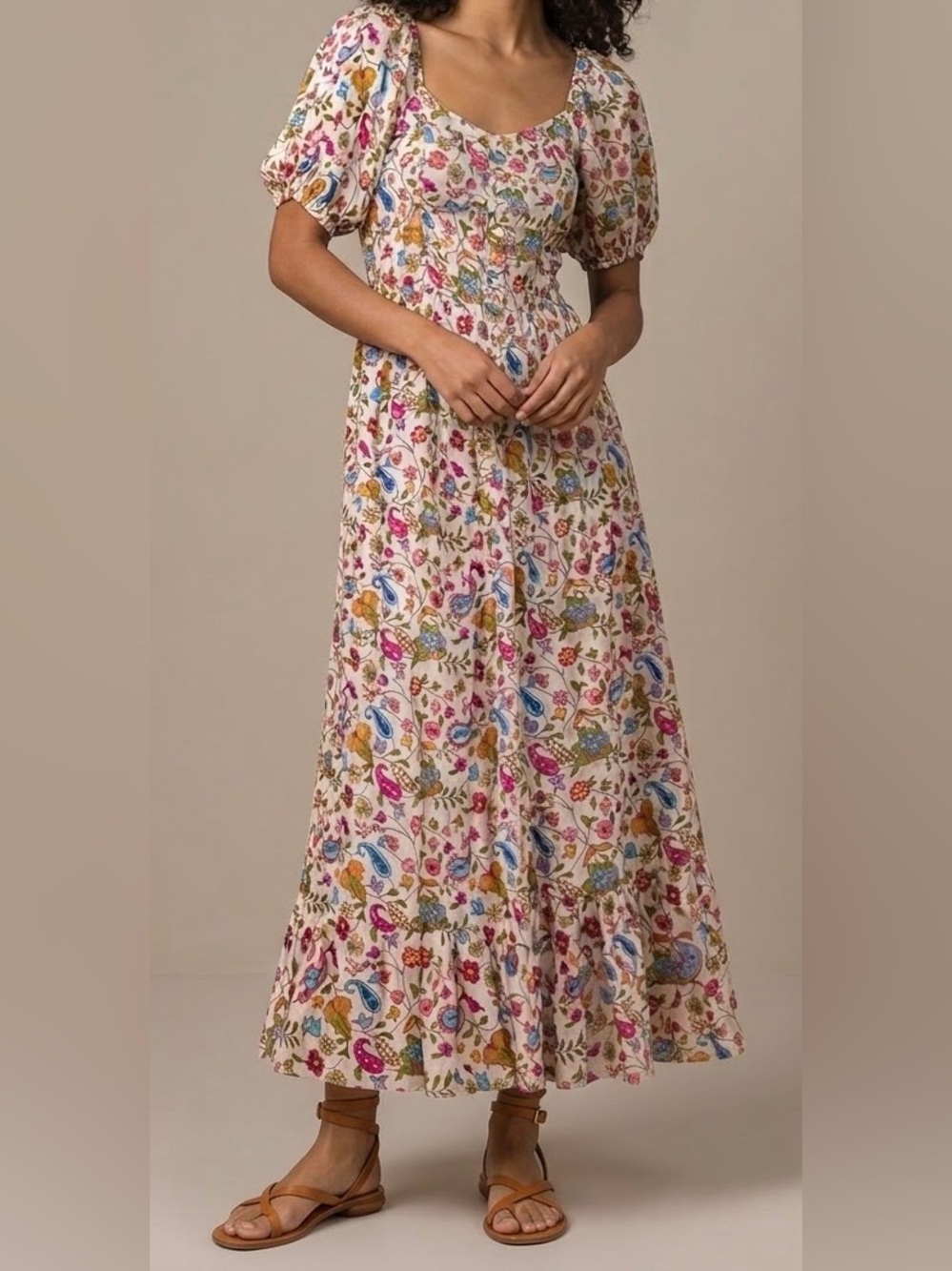 Natural Life Floral Satiny Flowy Stretchy Tiered Button Down Maxi Dress